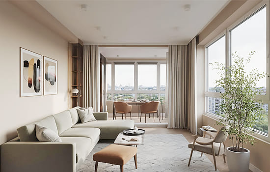 Совмещенная гостиная с лоджией или балконом